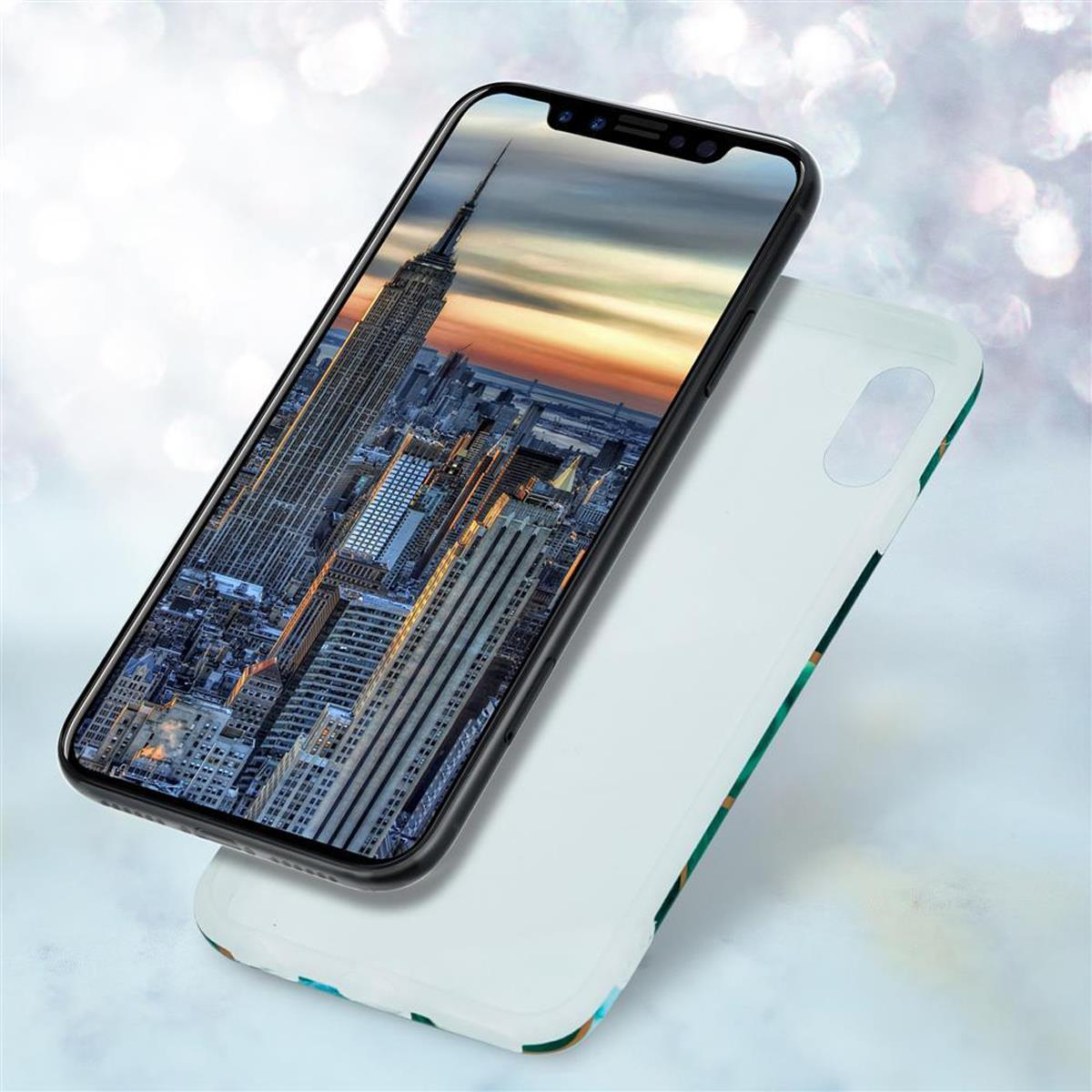 Telefono con custodia con vista sulla città. Lo sfondo è una città al tramonto.