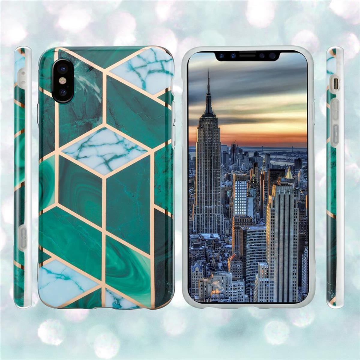 Custodia per telefono con design a marmo verde e skyline di New York sullo schermo. Diverse viste.