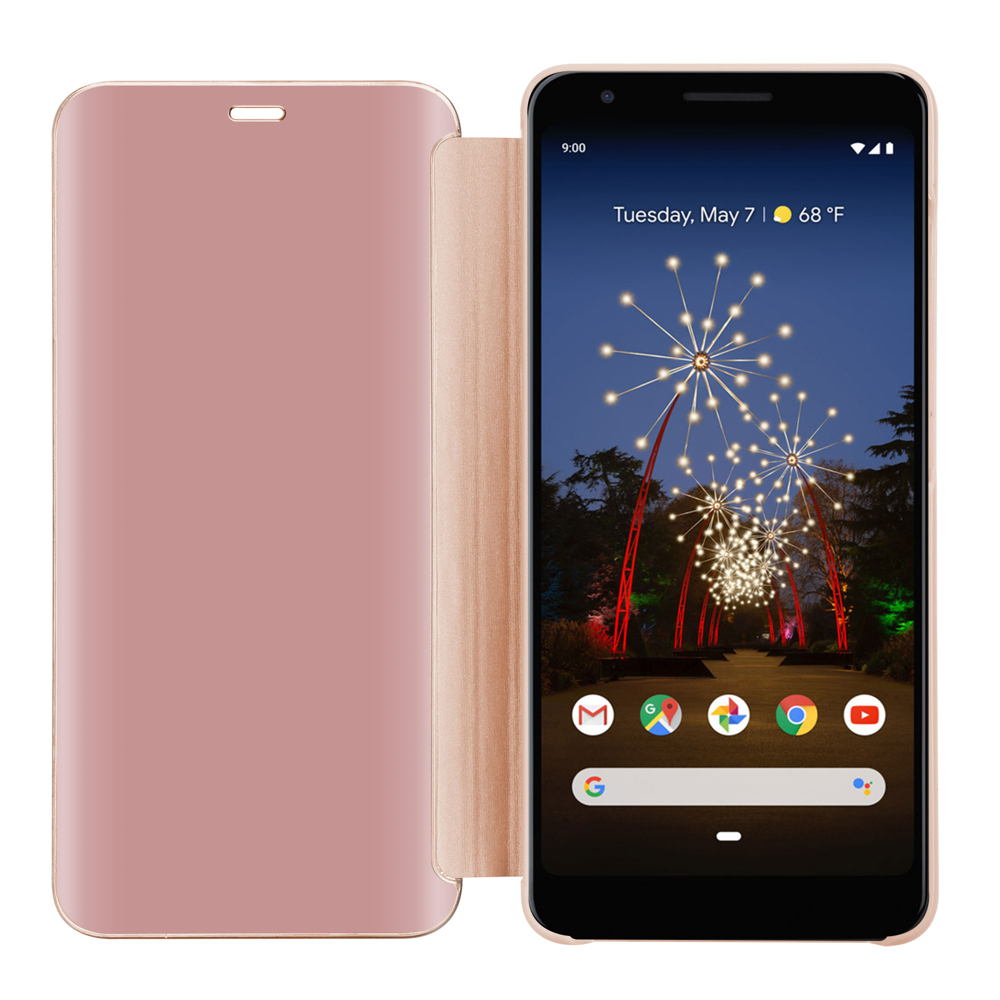 Uno smartphone con una custodia color oro rosa, che mostra lo schermo con la data e l'ora.