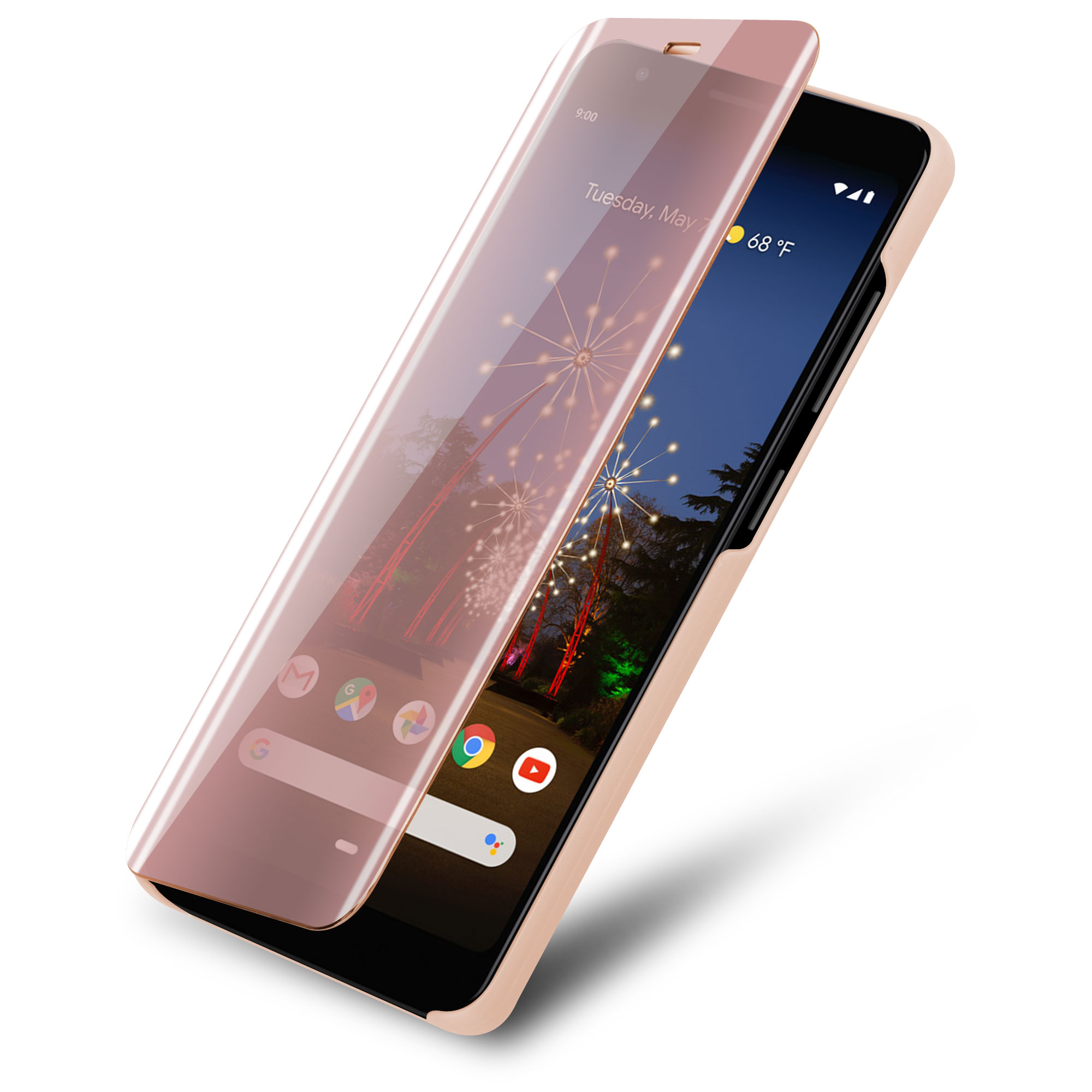 Telefono in una custodia oro rosa con la cover aperta. Lo schermo mostra una città di notte.