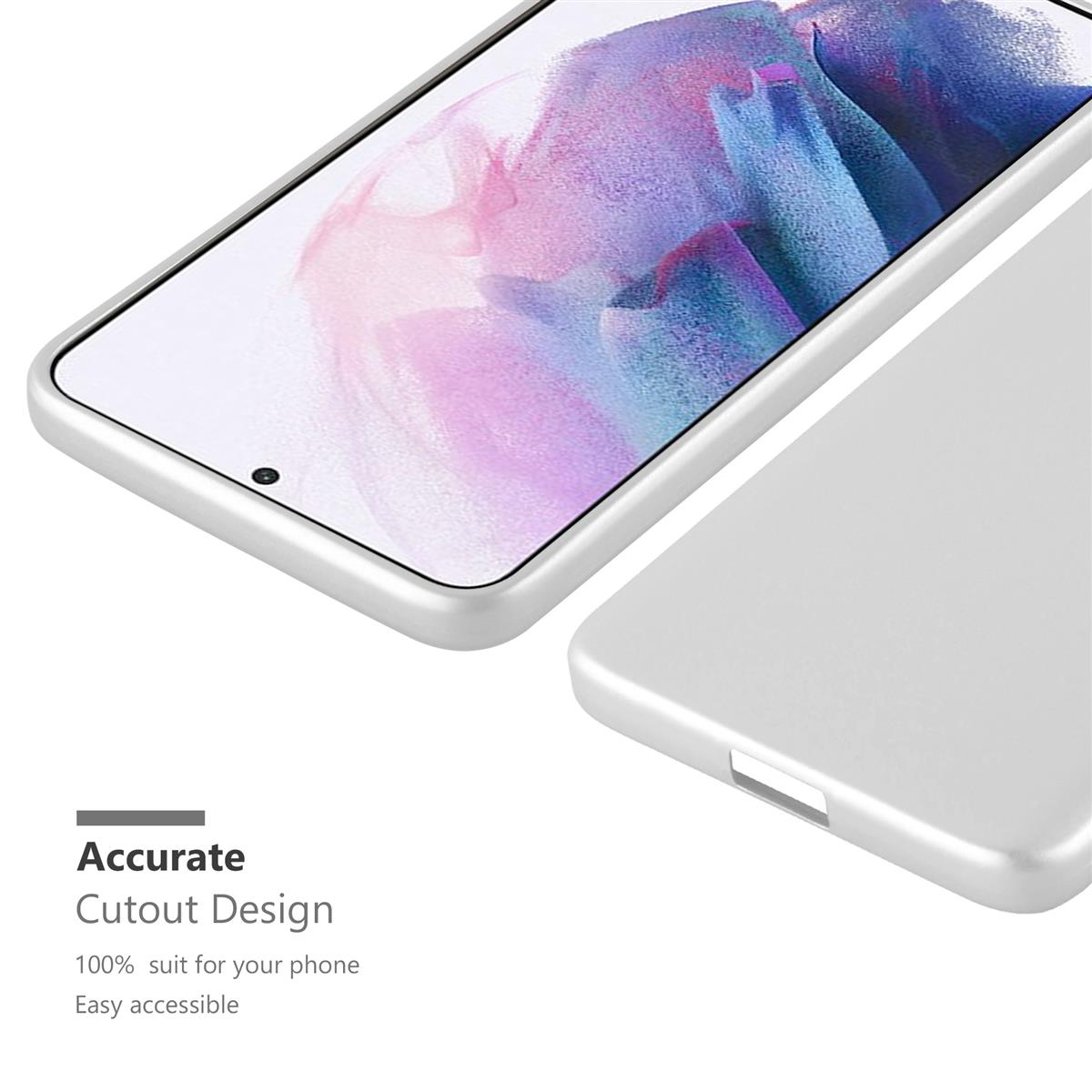 Zwei silberne Handyhüllen, eine mit Telefon, auf weißer Oberfläche.