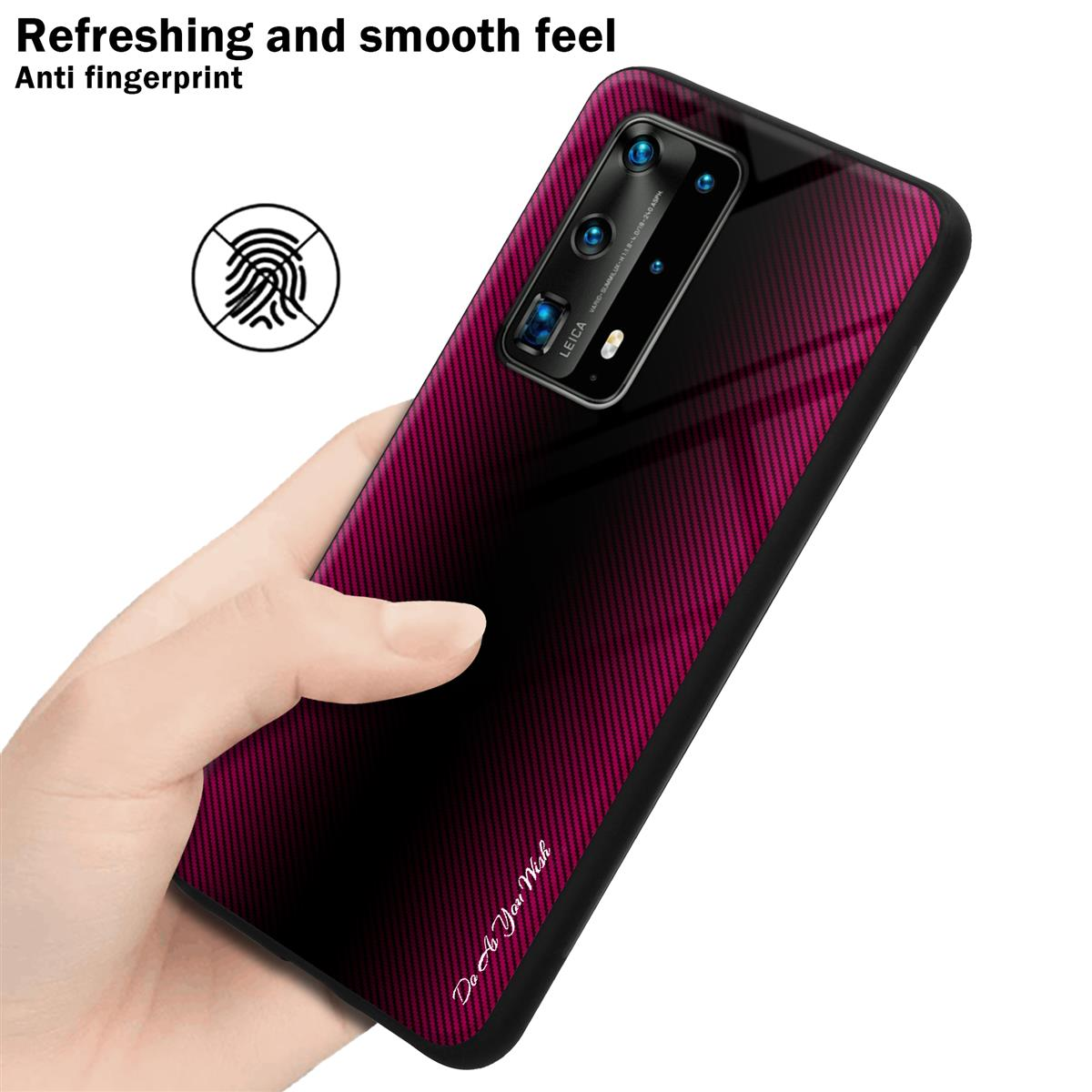 Custodia per telefono rossa e nera. Mano che tiene il telefono. Il telefono è sfumato.