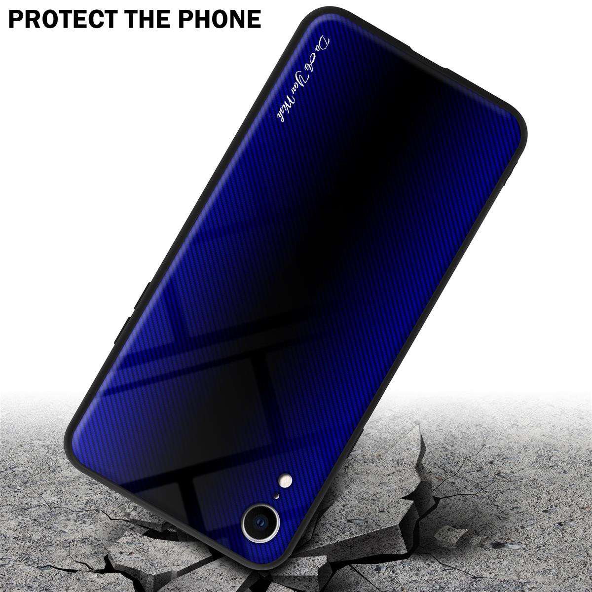 Custodia per telefono con un design sfumato blu e nero, su cemento incrinato.