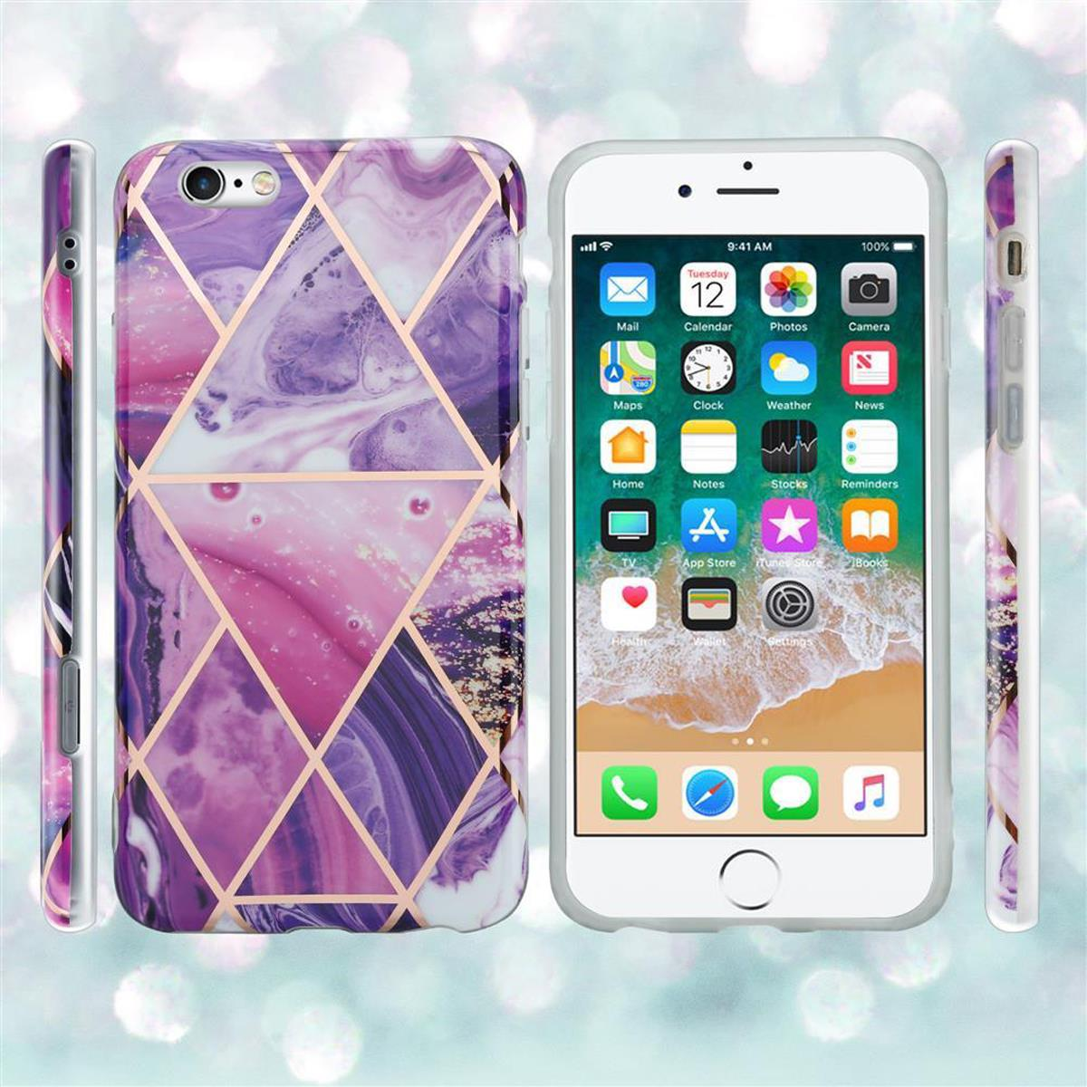 Telefon mit Marmorgehäuse. Das Gehäuse ist rosa, lila und goldfarben.