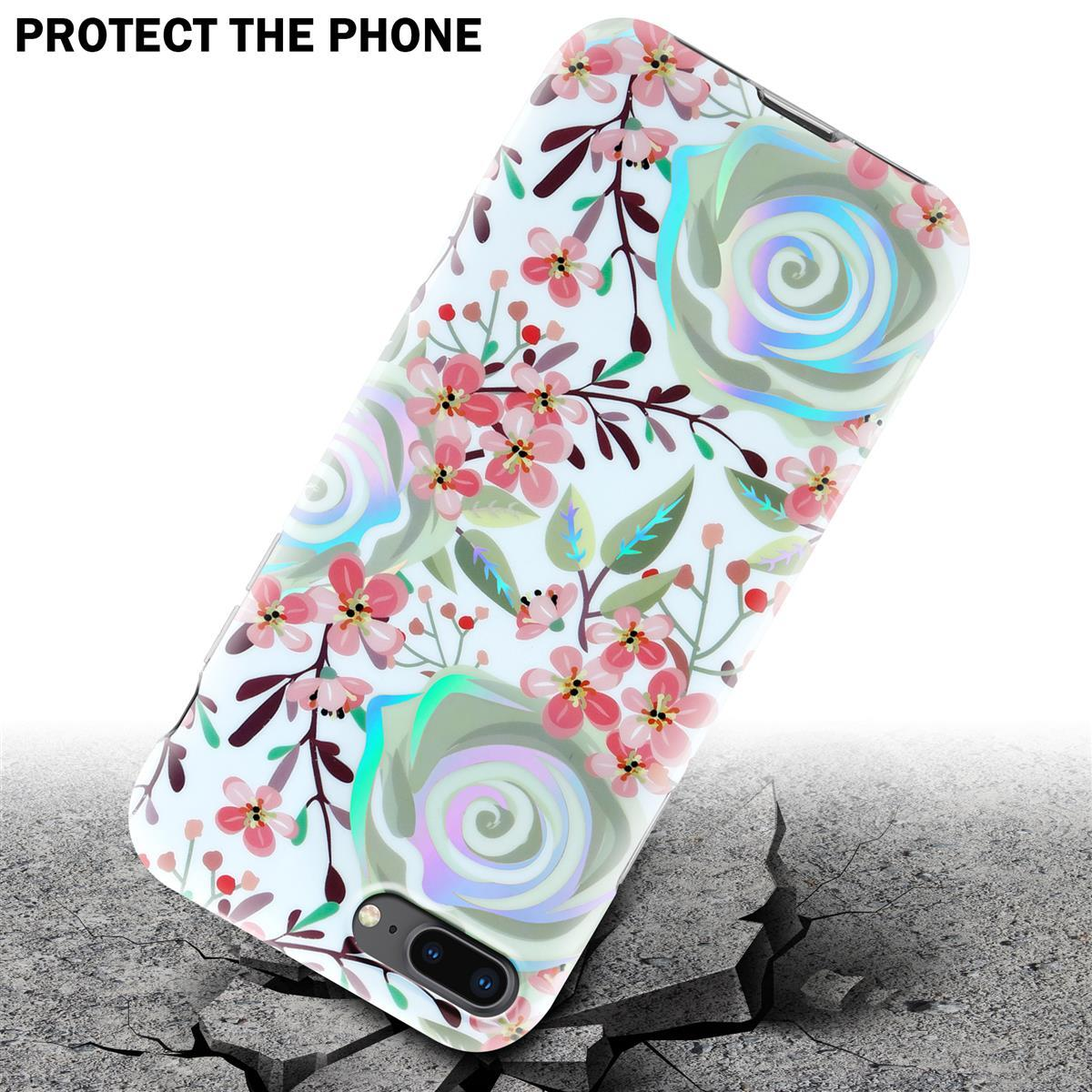 Custodia per telefono con fiori rosa, su una superficie rotta, mostra protezione.