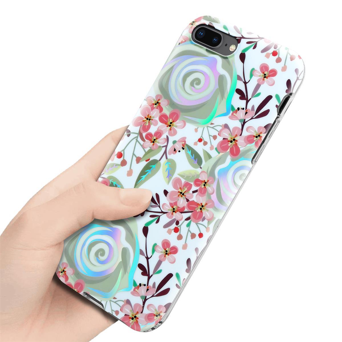Mano che tiene telefono con custodia floreale, colori rosa e verde acqua.