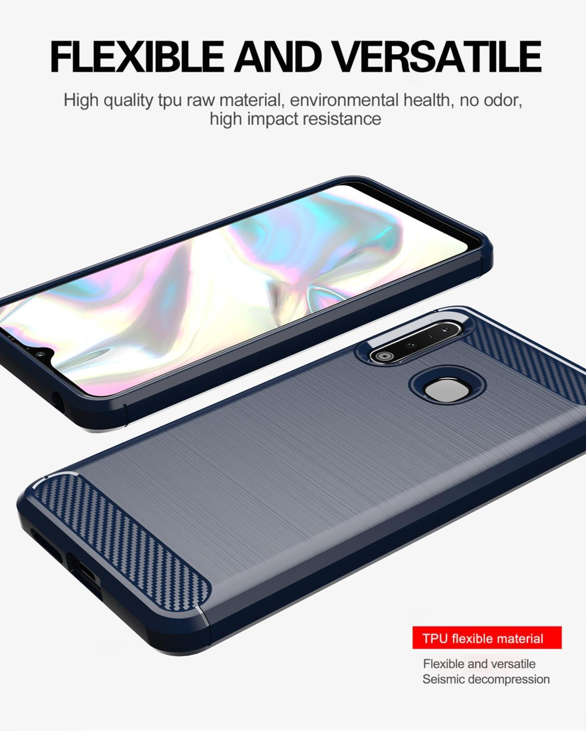 Due custodie per telefono: una mostra il telefono e l'altra è una custodia blu con design in fibra di carbonio.