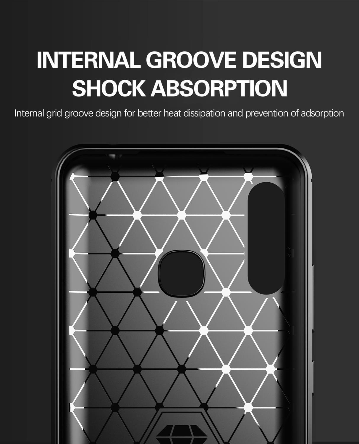 Primo piano dell'interno di una custodia con un motivo geometrico su sfondo nero.