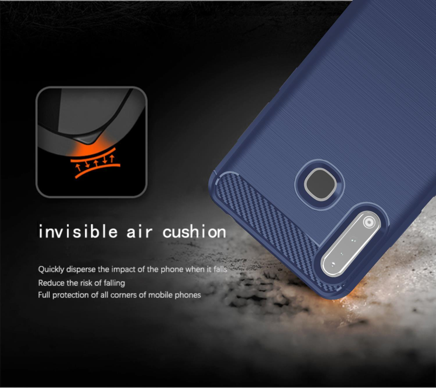 Custodia blu per telefono con design testurizzato. Resistente agli urti, con sfondo nero.