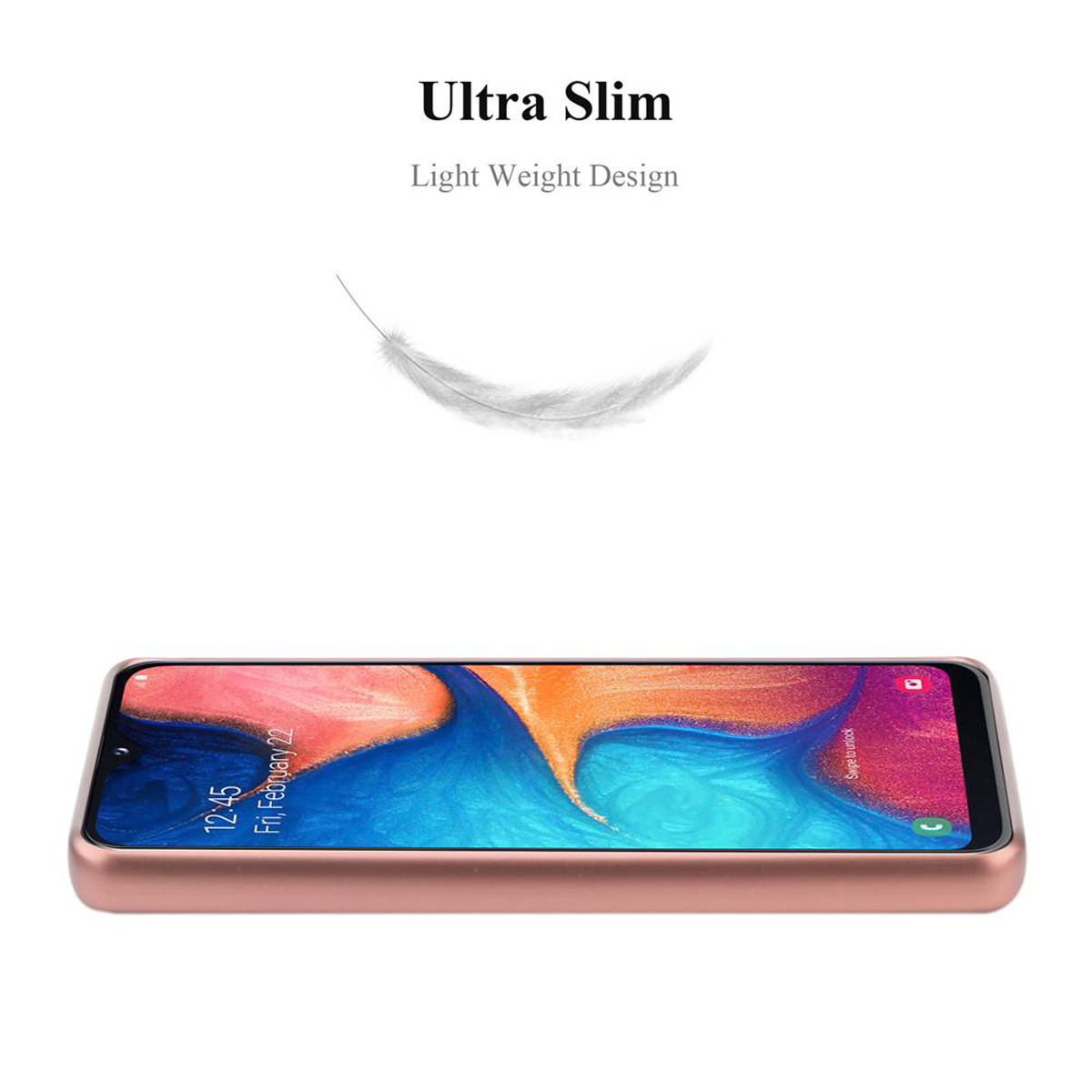 Telefono con custodia oro rosa sotto una piuma, testo: Ultra Slim.