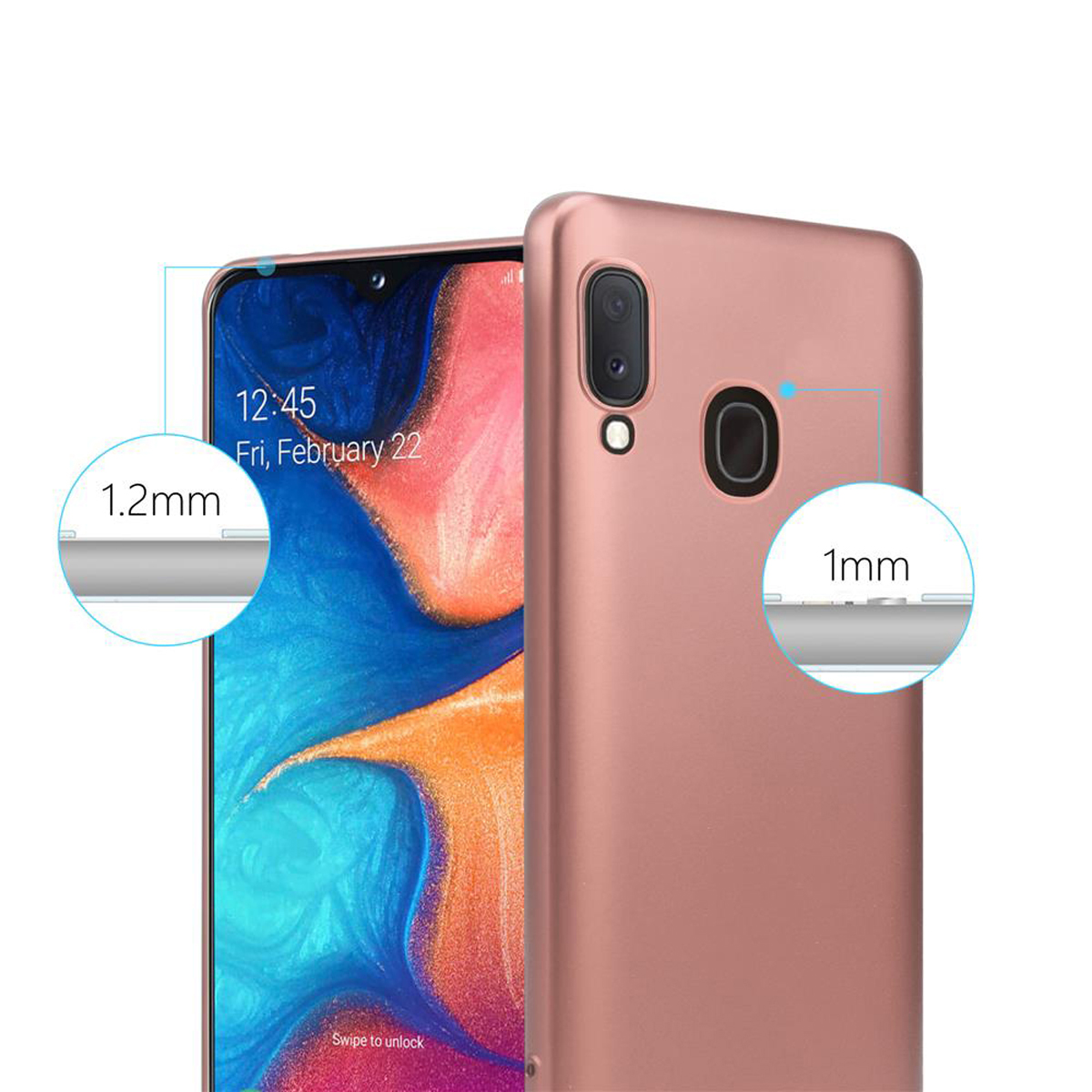 Custodia per telefono oro rosa con un telefono all'interno. La custodia è spessa 1,2 mm, il telefono 1 mm.
