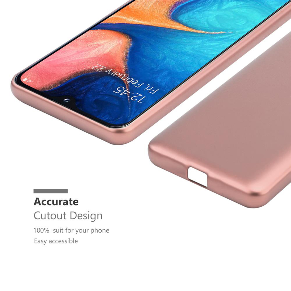 Telefono con custodia oro rosa. La custodia è sul telefono. Il testo dice 'Accurate Cutout Design'.