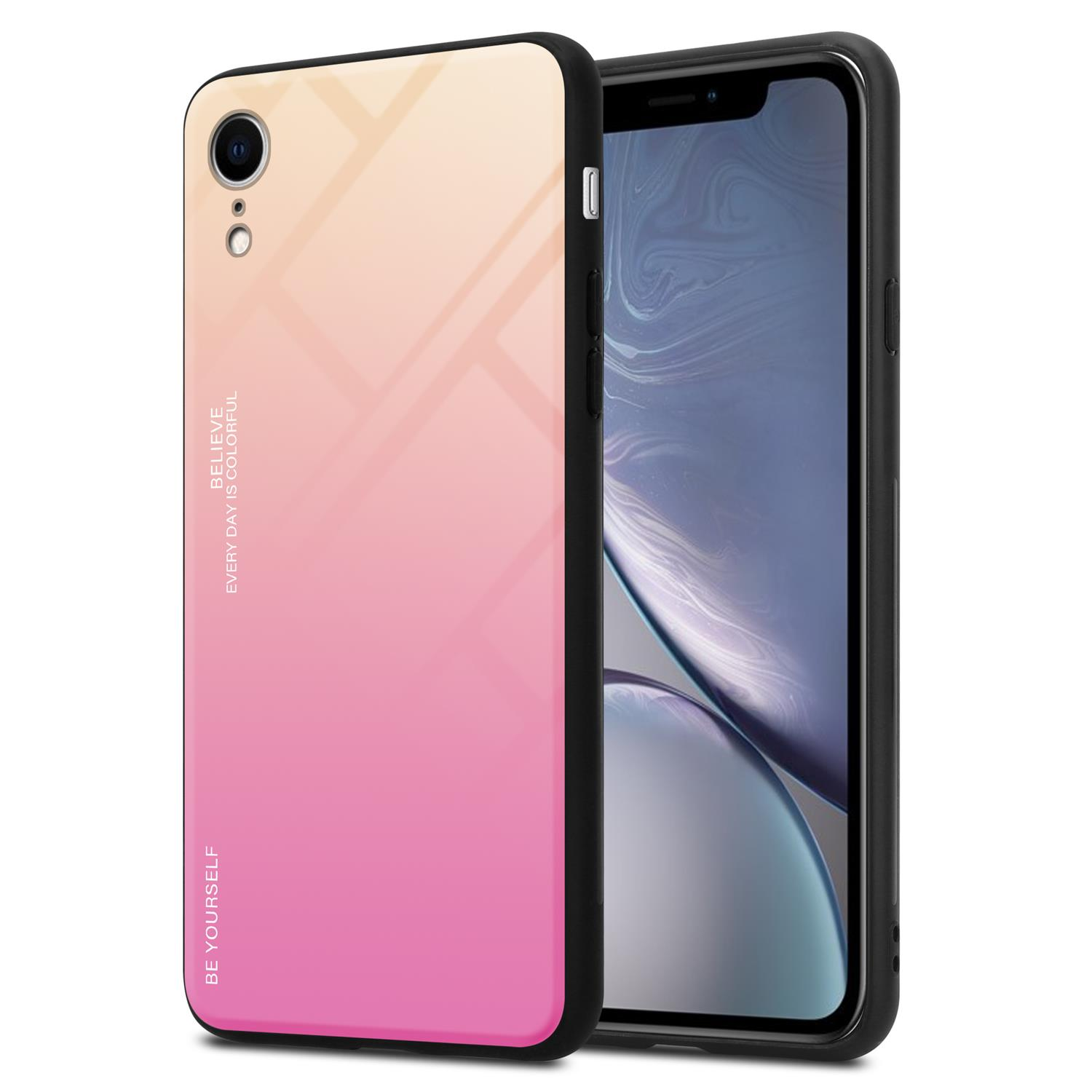 Un telefono con una custodia che va dal rosa al giallo, bordi neri. Testo sulla custodia.