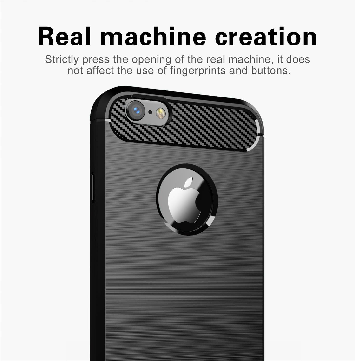 Custodia per telefono nera. Testo: Creazione della macchina reale. Logo Apple visibile. Lo sfondo è nero.