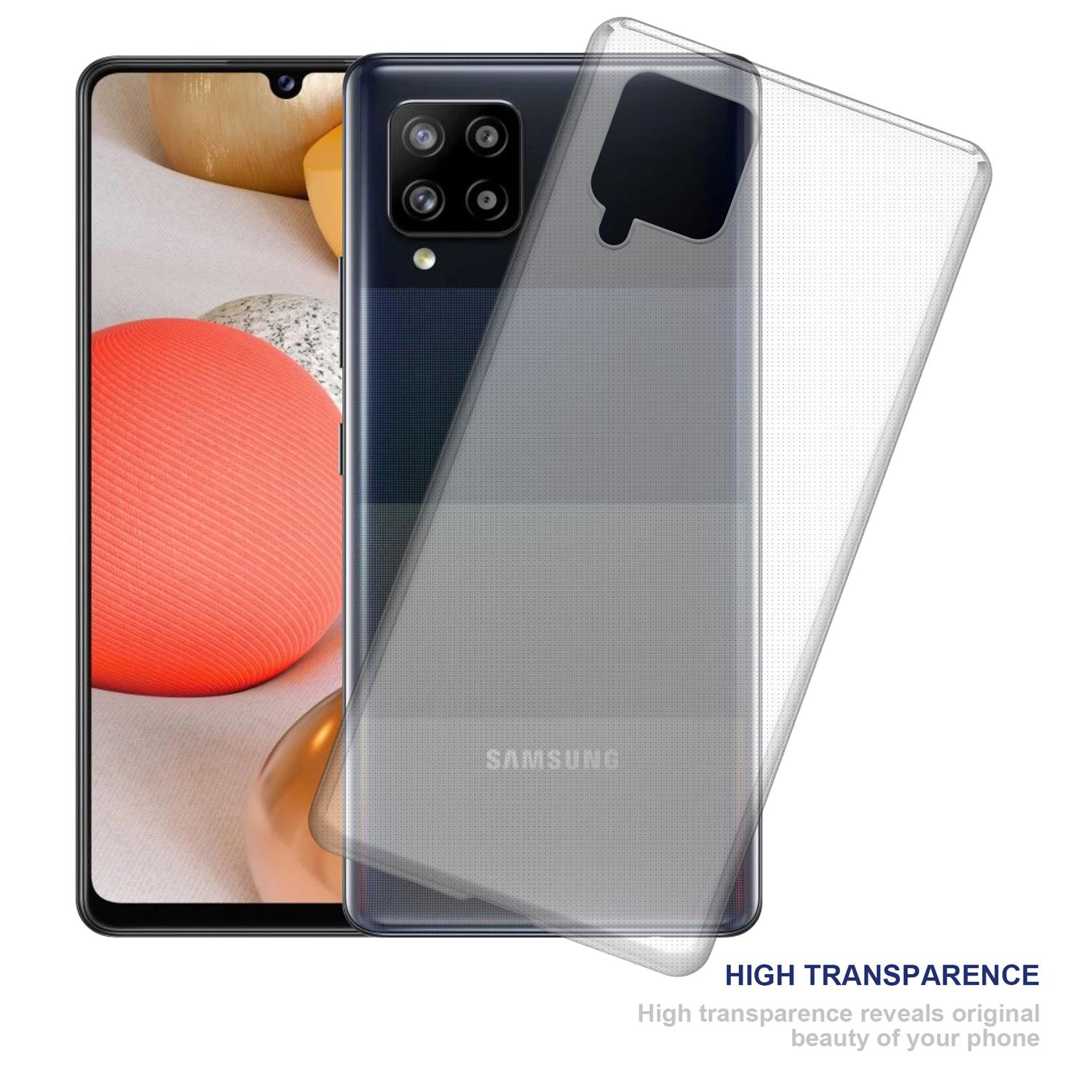 Telefono con custodia trasparente sovrapposta. L'alta trasparenza rivela il retro del telefono. Logo Samsung visibile.