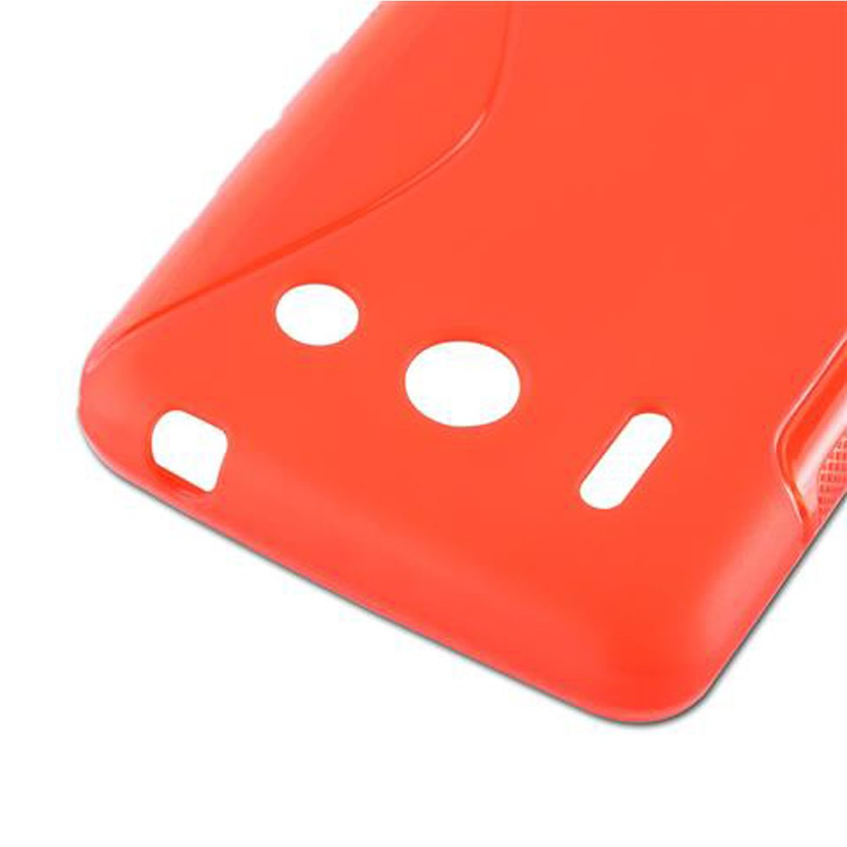 Eine orangefarbene Handyhülle mit drei Aussparungen für Kamera, Lautsprecher und andere Telefonfunktionen.