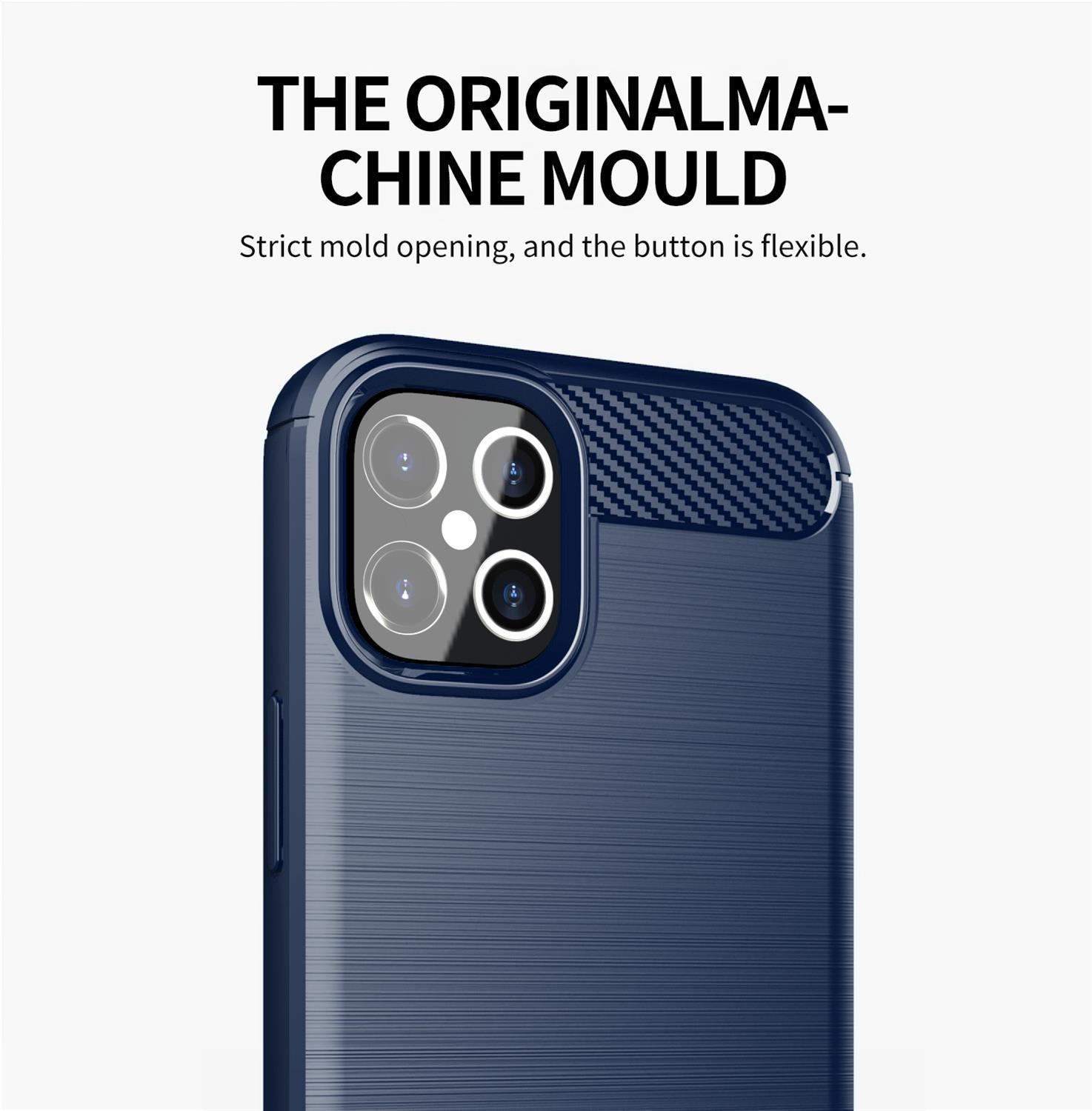Custodia blu per telefono con fori per la fotocamera. Testo del titolo in alto. La custodia ha una superficie strutturata.