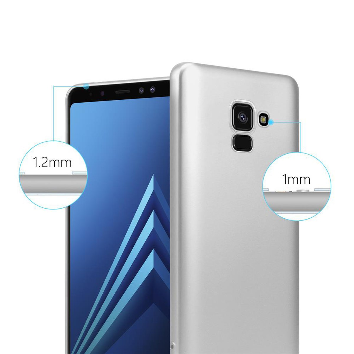 Eine silberne Handyhülle, die die Dicke der Hülle zeigt. Telefon links, Hülle rechts.