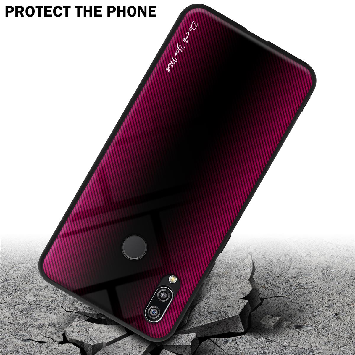 Telefono con custodia sfumata rosso scuro e nero, su terreno rotto.