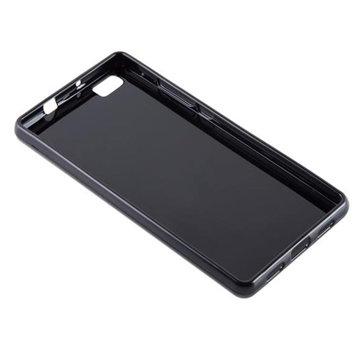 Interno di una custodia per telefono nera, che mostra l'interno. La custodia è liscia e lucida, con aperture per la fotocamera e le porte.