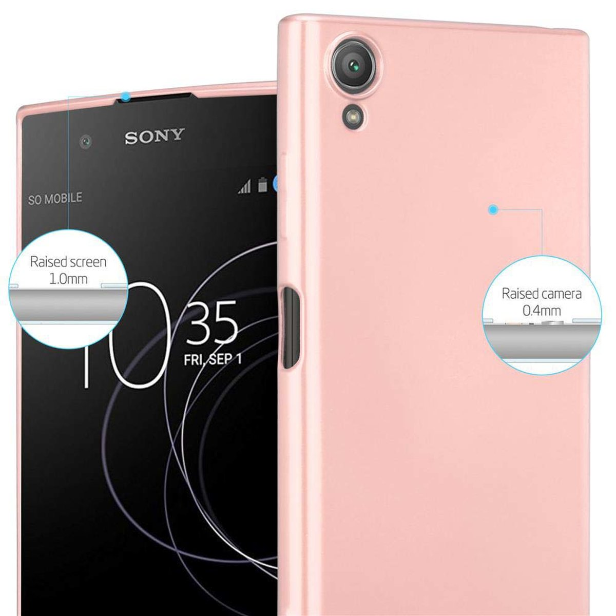 Rosa Handyhülle mit einem Telefon darin. Zeigt erhöhten Bildschirm und Kamera. Das Telefon ist schwarz.