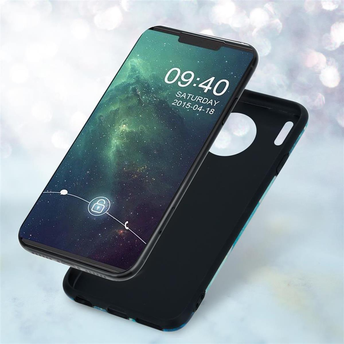 Un telefono con sfondo a tema spaziale e una custodia. La custodia è nera e aperta.