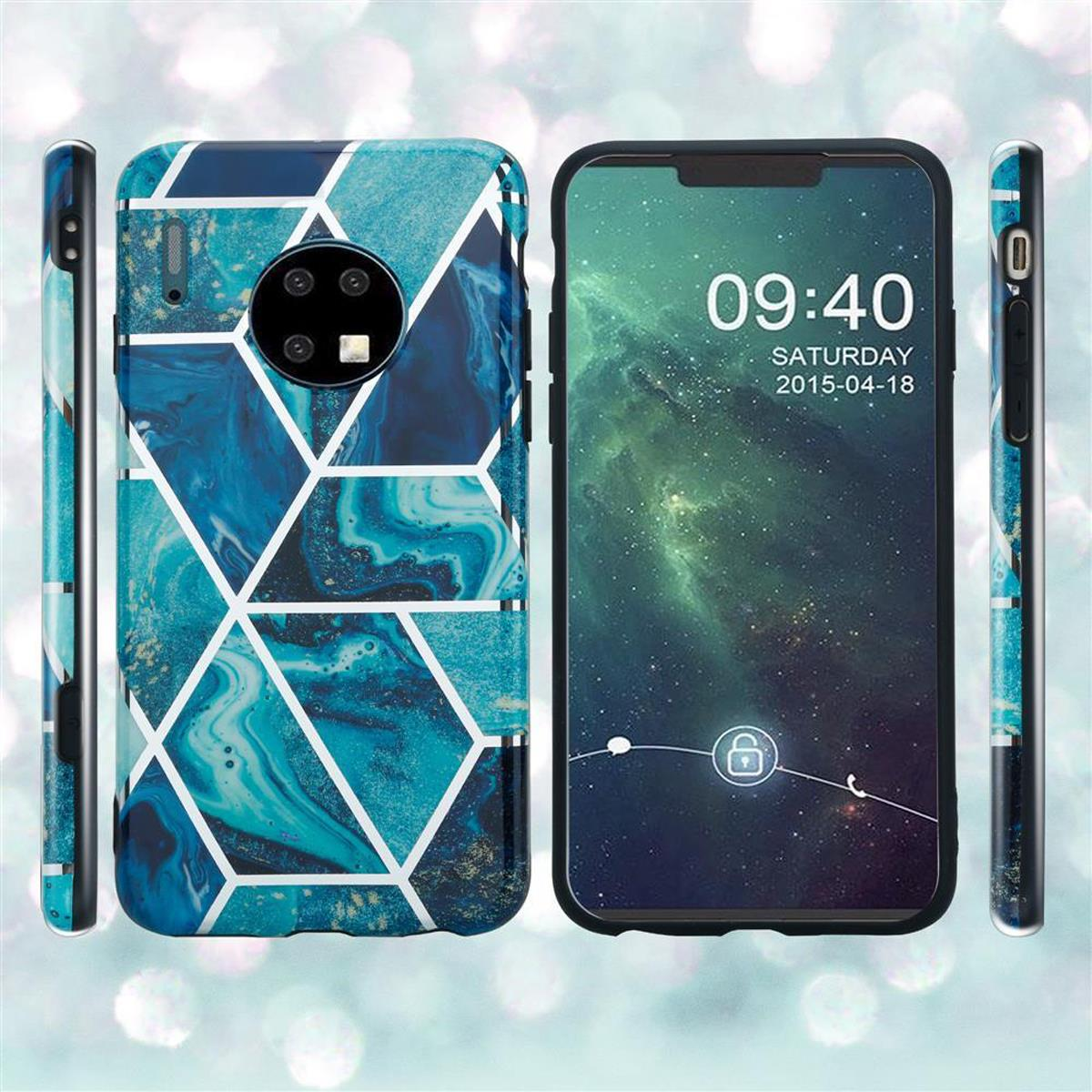 Una custodia per telefono con un motivo geometrico. Lo schermo del telefono è acceso.