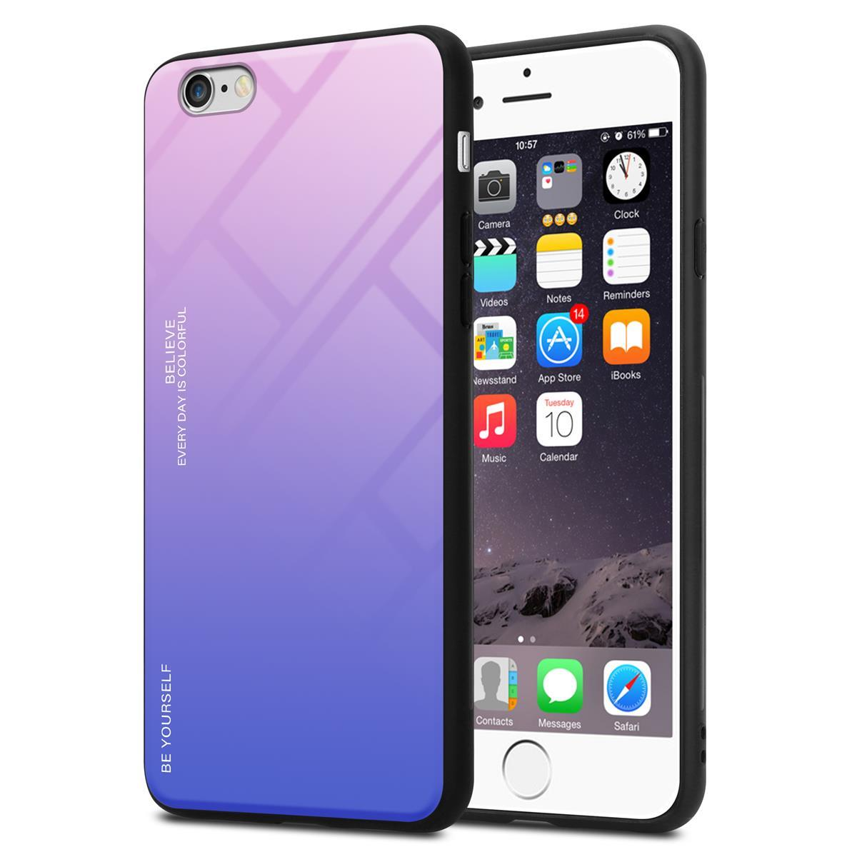 Teléfono con una funda degradada púrpura. La pantalla del teléfono muestra aplicaciones. La funda tiene texto: Cree, cada día es colorido.
