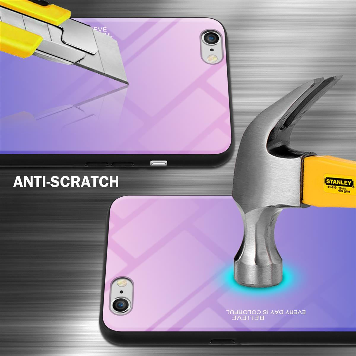 Fundas de teléfono con características antiarañazos siendo probadas con un cuchillo y un martillo.