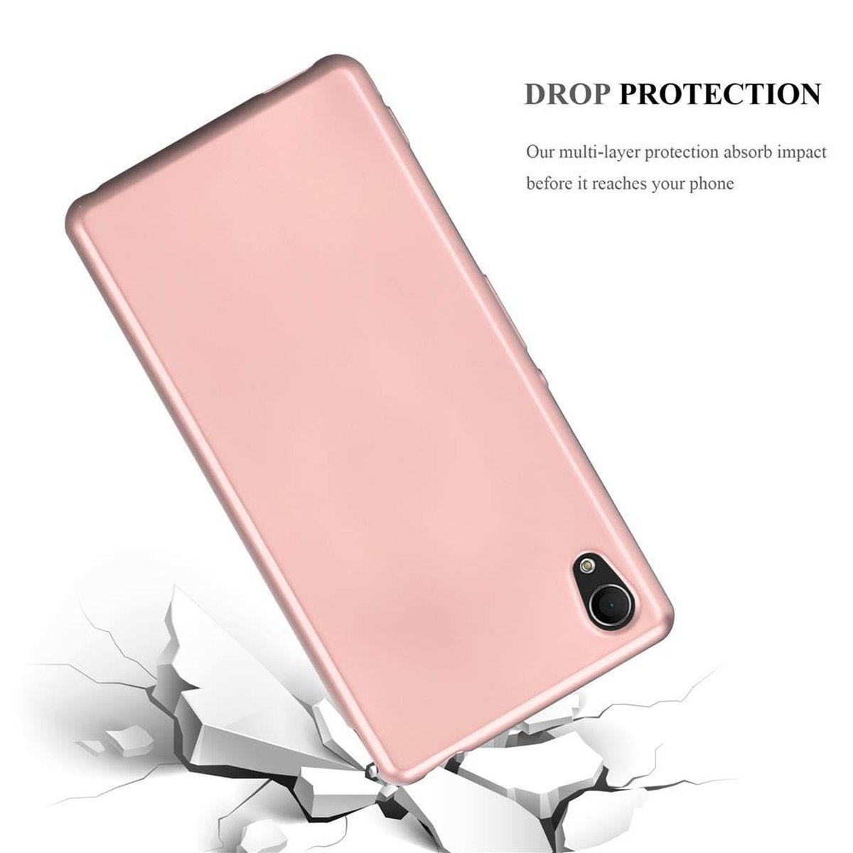 Custodia rosa con testo 'DROP PROTECTION' e terreno distrutto.