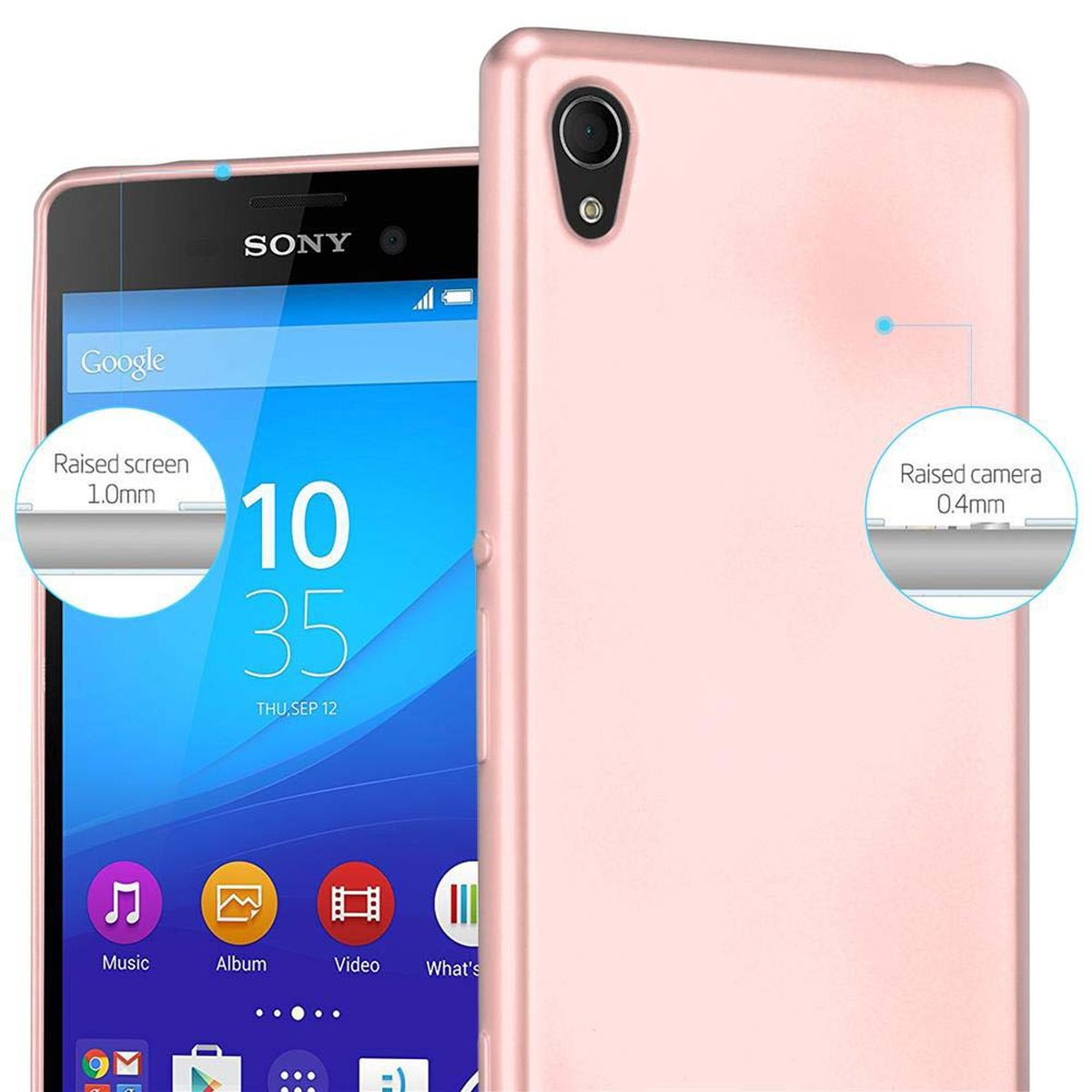 Custodia rosa per telefono con telefono. Il testo mostra i dettagli dello schermo e della fotocamera rialzati. Telefono su superficie bianca.