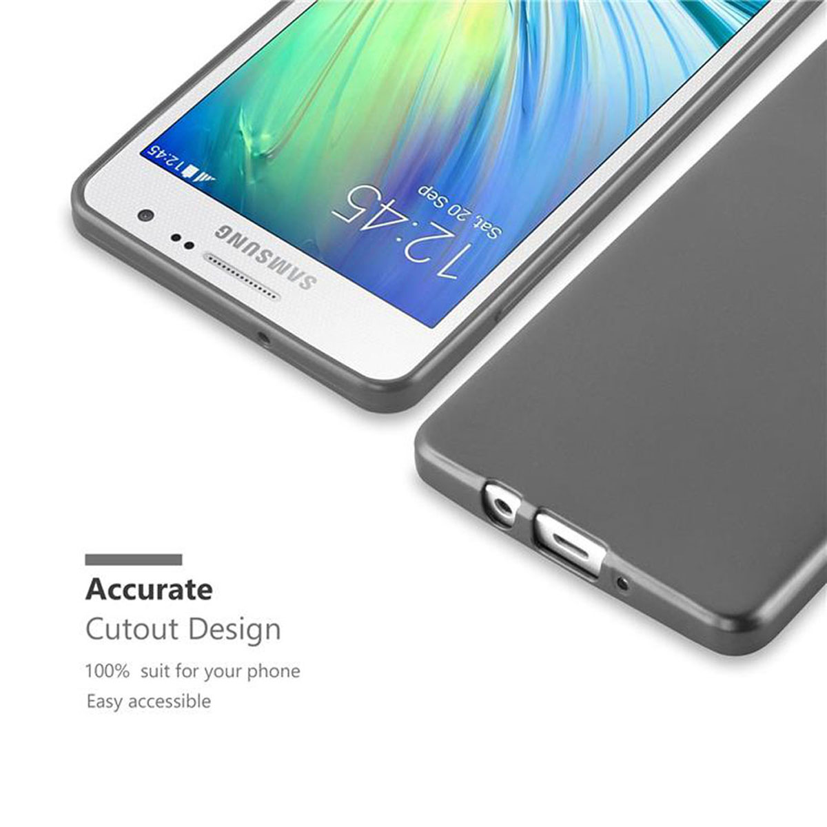 Due telefoni con custodie. Uno con il logo Samsung. Sfondo grigio.
