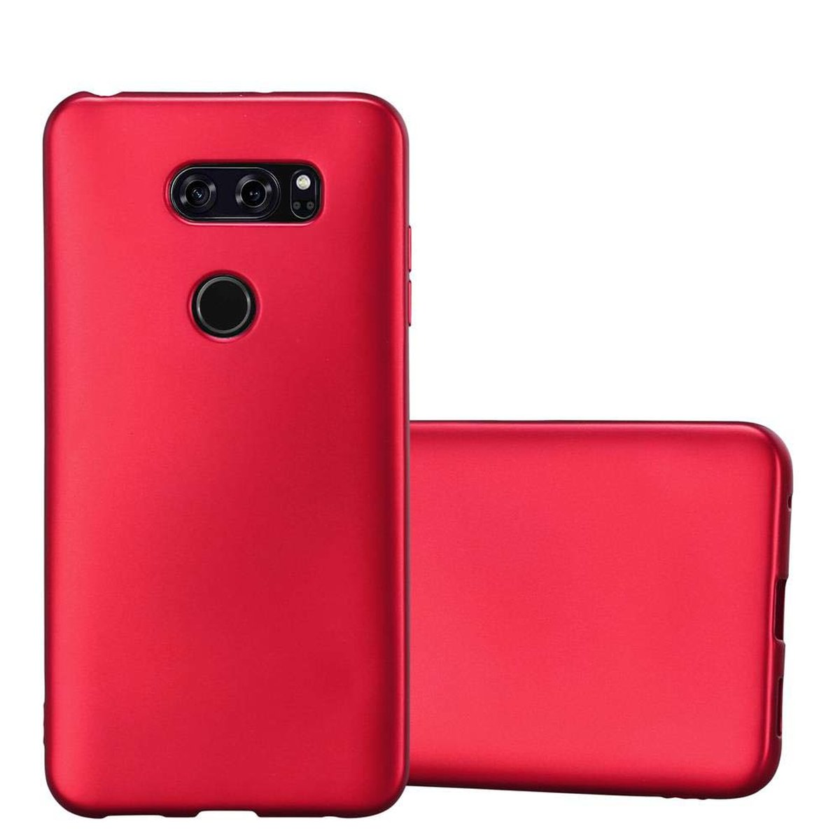 Rote Handyhülle. Zwei Telefone, eines in der Hülle. Weißer Hintergrund.