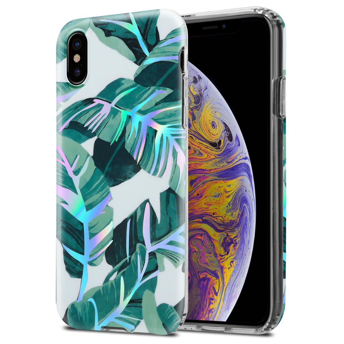 Una custodia per telefono con un design a foglie verdi, che mostra un telefono con schermo nero.