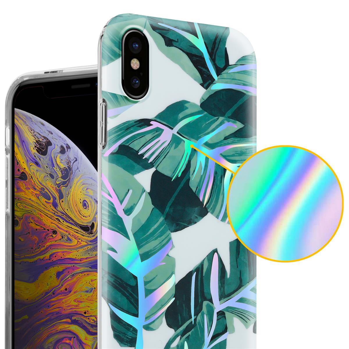 Custodia per telefono con stampa di foglie verdi, accenti iridescenti. Un telefono a sinistra.