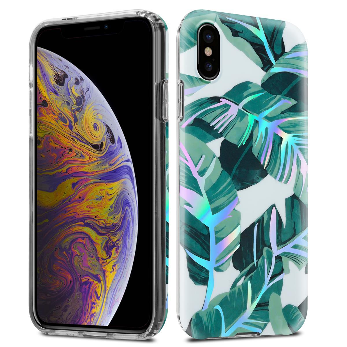 Telefono in una custodia con un design a foglie verdi. La custodia è trasparente con uno schermo nero.