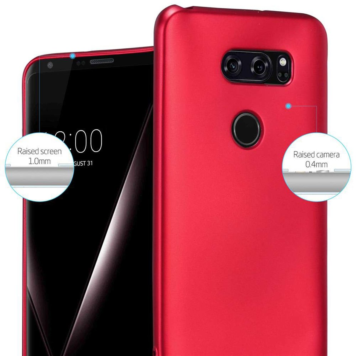 Eine rote Handyhülle mit einem Telefon darin, das erhöhte Bildschirm- und Kamerafunktionen zeigt.