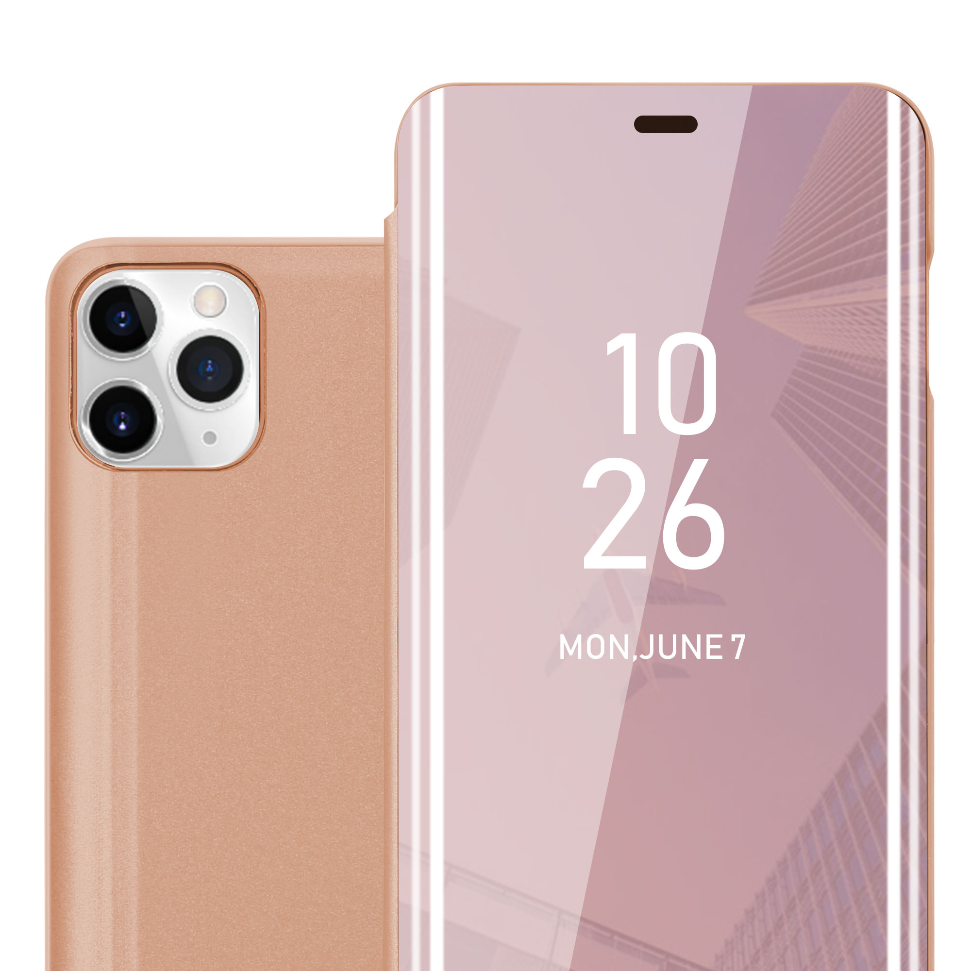 Custodia per telefono oro rosa con display che mostra data e ora. Sfondo bianco.
