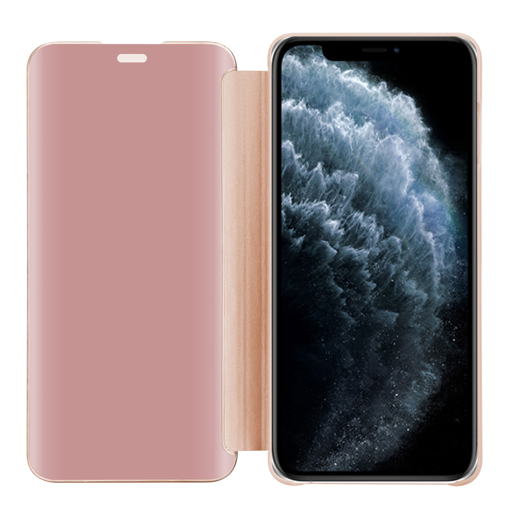 Mano che tiene una custodia per telefono con un motivo geometrico blu e bianco.
