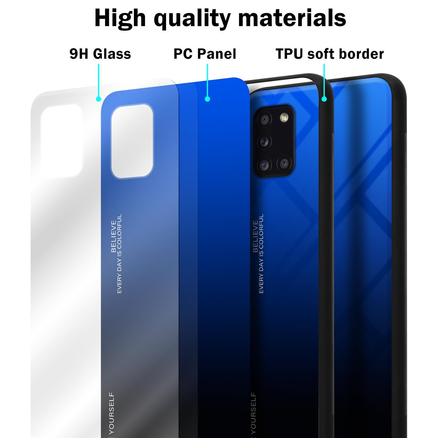 CADORABO Hülle aus Samsung, Galaxy 2 Silikon TPU Farben Backcover, A31, BLAU - SCHWARZ Glas