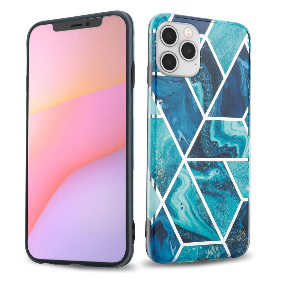 Due custodie per telefono con un telefono in mezzo. Una custodia ha un design geometrico. L'altra è un telefono.