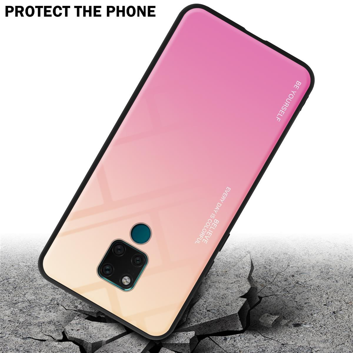 Telefon mit pink-gelber Farbverlaufshülle. Text 'Protect the phone' auf rissiger Oberfläche.