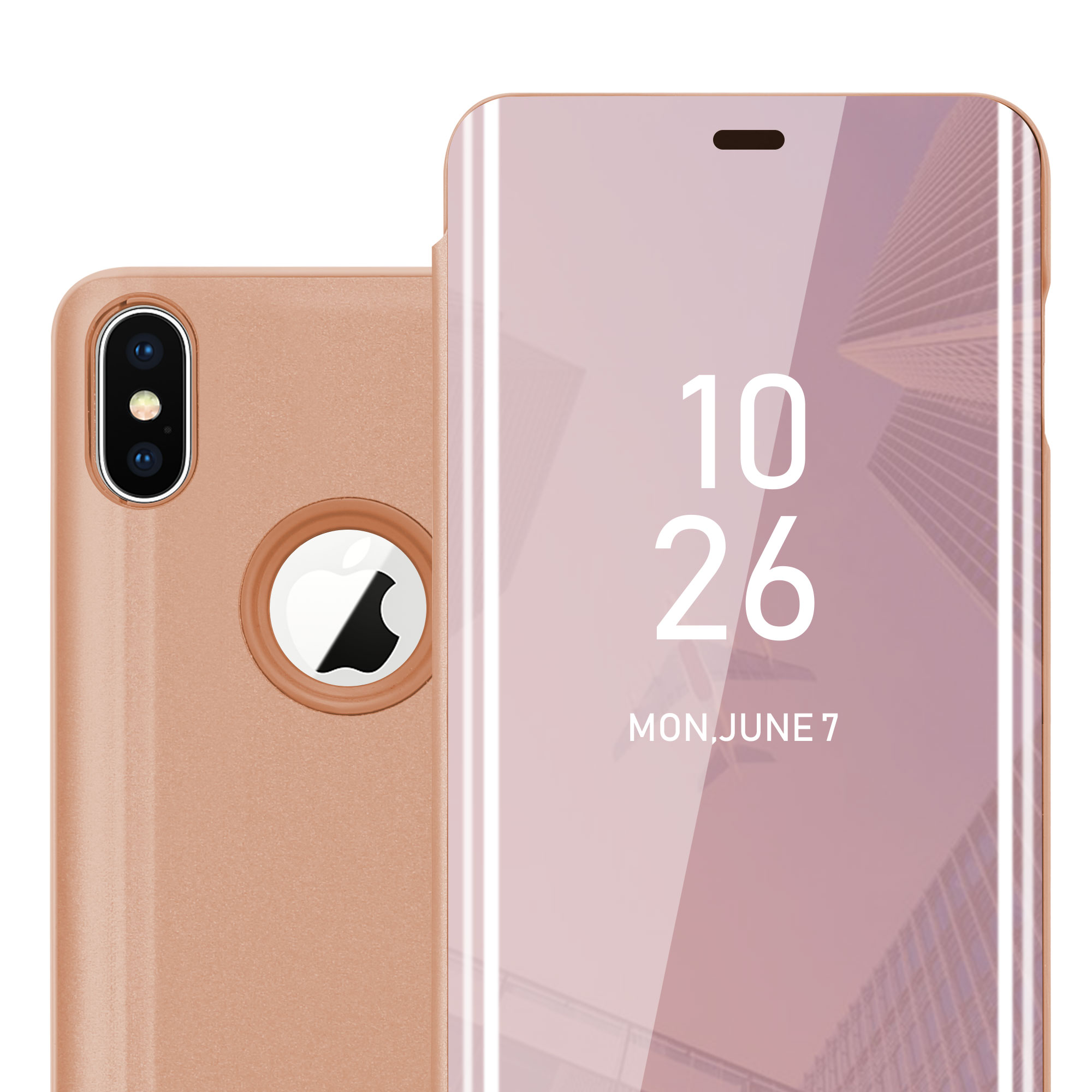 Telefono con custodia oro rosa e schermo che mostra una data.