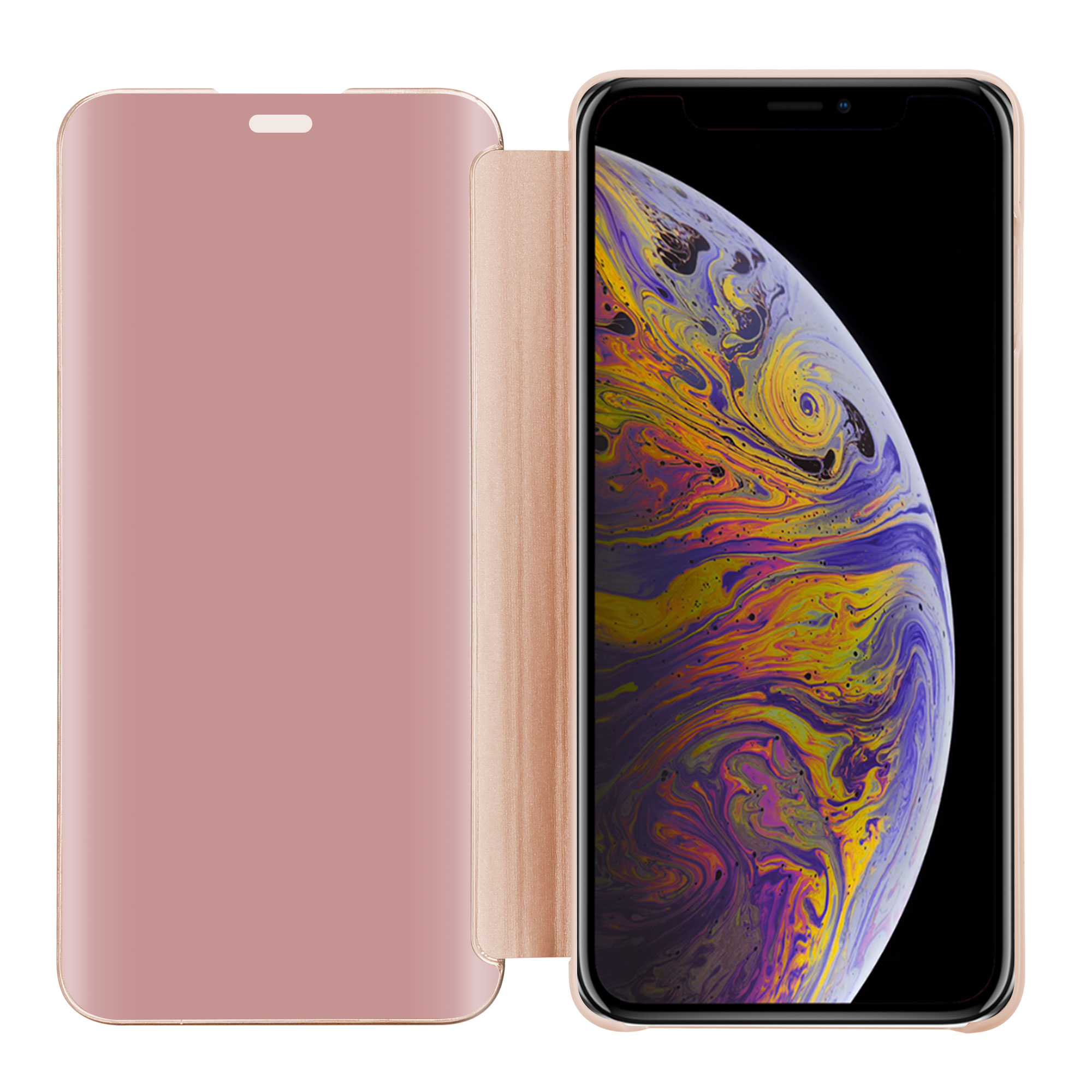 Una custodia per telefono rosa, aperta, che mostra lo schermo del telefono con un motivo astratto.