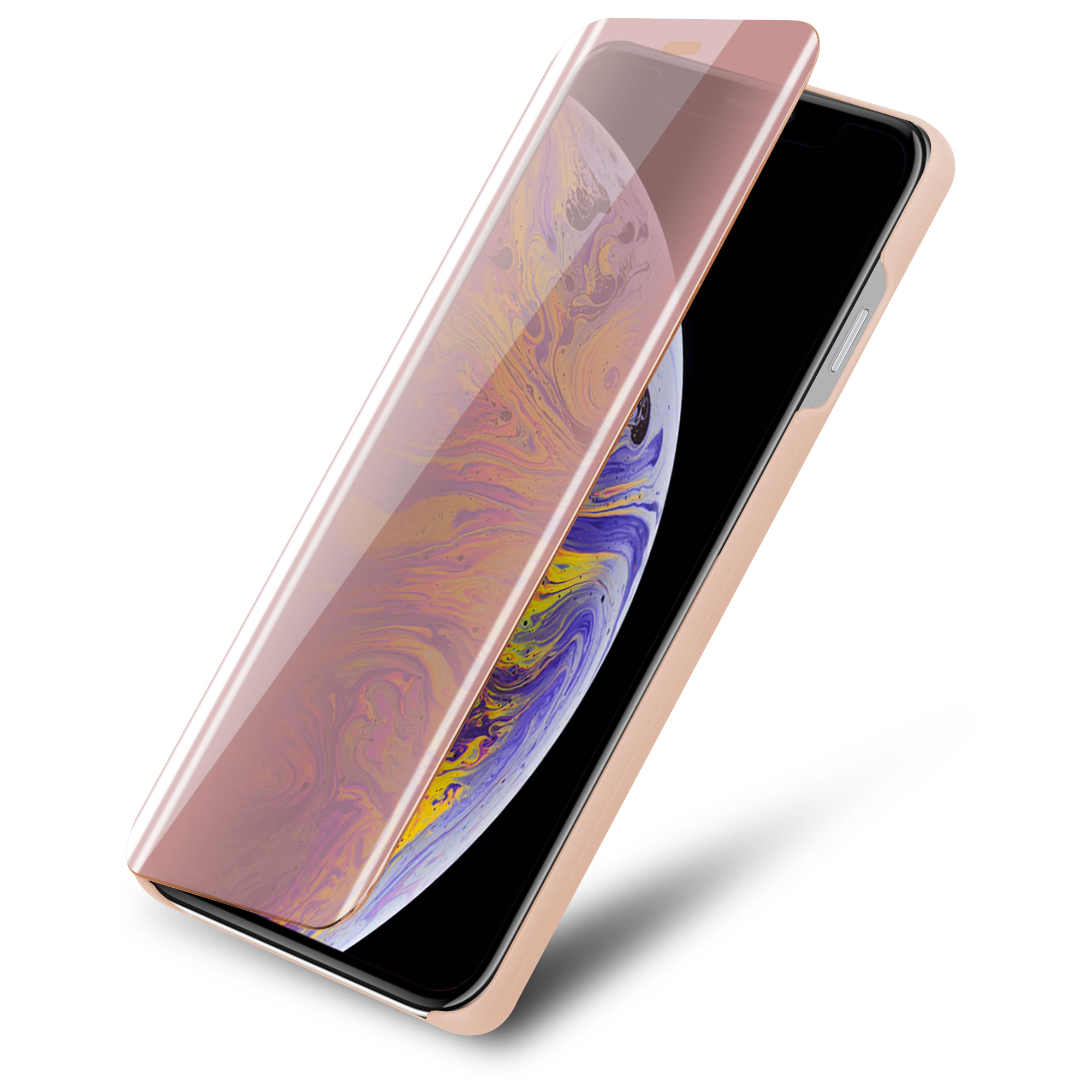 Telefono con protezione schermo aperta, custodia rosa chiaro.