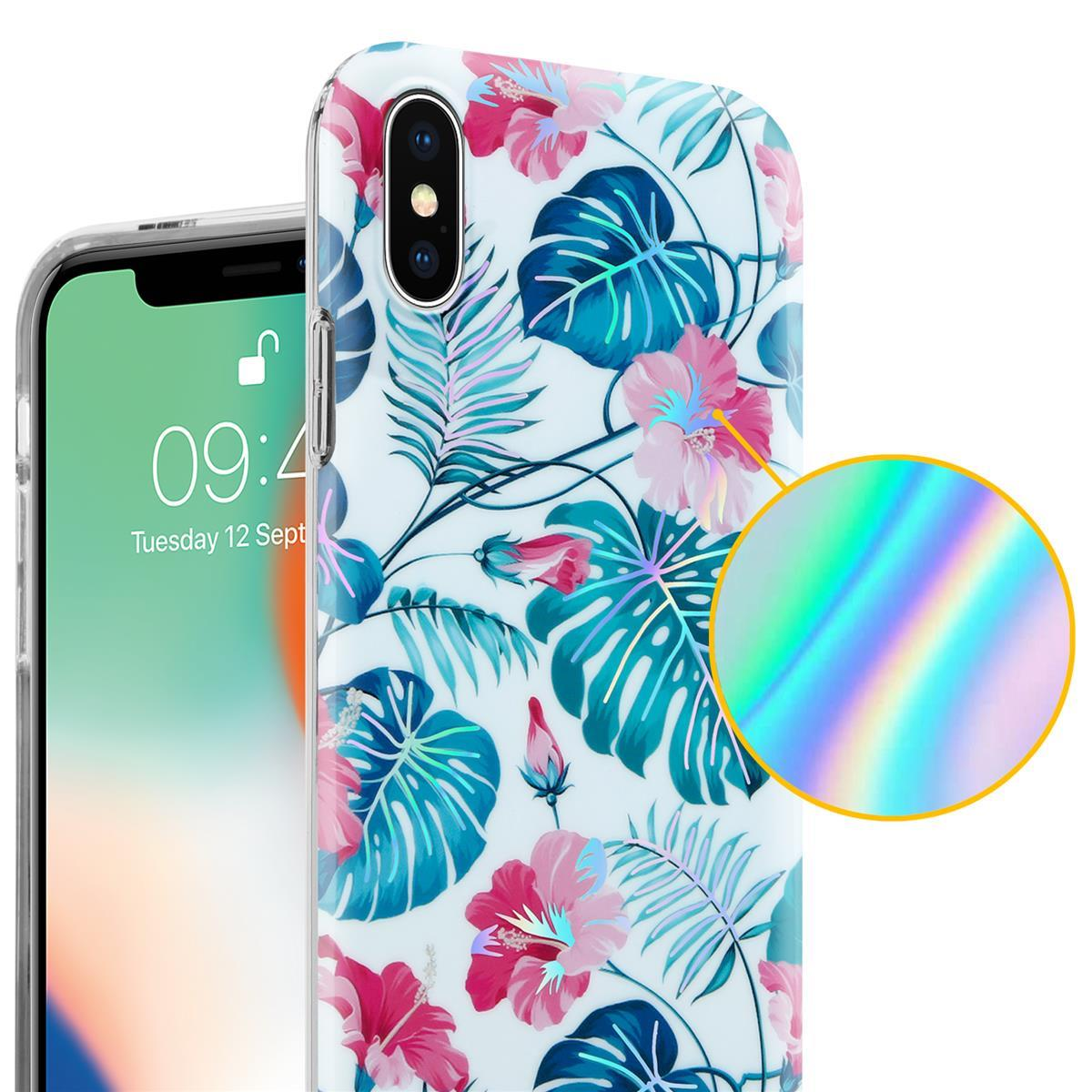 Telefono in una custodia fiorata. Fiori rosa e blu con foglie verdi su sfondo bianco.