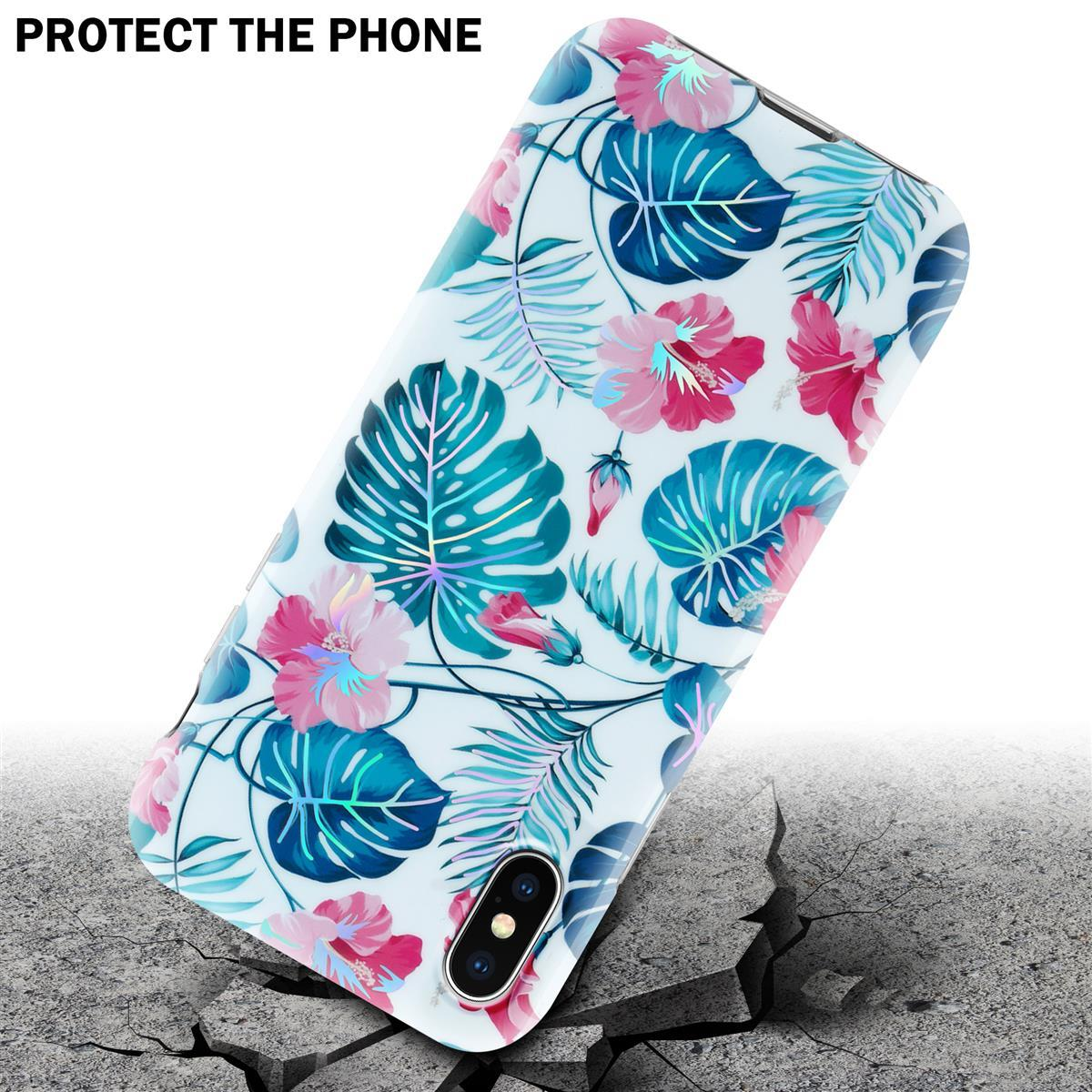 Una custodia per telefono con un design floreale, appoggiata su una superficie incrinata. Il testo dice 'Proteggi il telefono'.