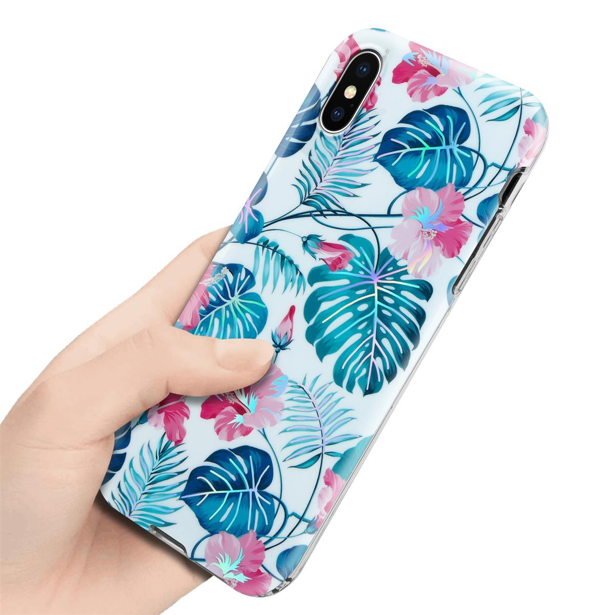 Mano che tiene una custodia per telefono con un motivo floreale su sfondo bianco. La custodia è colorata.