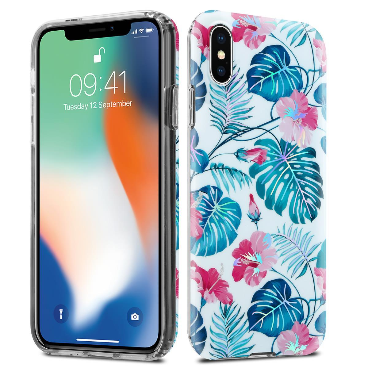 Custodia per telefono con design floreale. Il telefono è in una custodia trasparente con un design floreale.