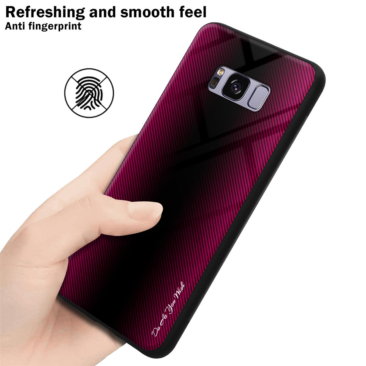 Una mano che tiene una custodia per telefono. La custodia ha un design nero e rosso.
